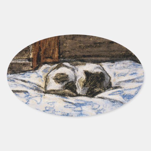 Kat dat slaapt op een bed ovale sticker (Voorkant)