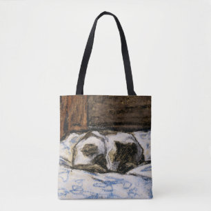 Kat dat slaapt op een bed tote bag