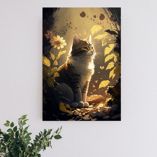 Kat De zon in een tuin van bloemen Poster