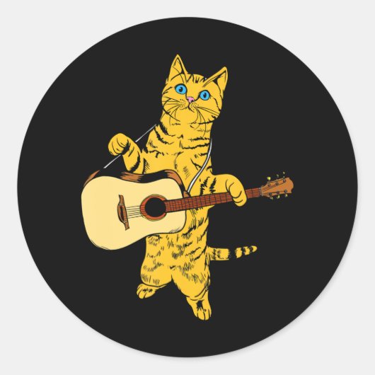 Kat die Acoustic Guitar Cool Musicus Ronde Sticker (Voorkant)
