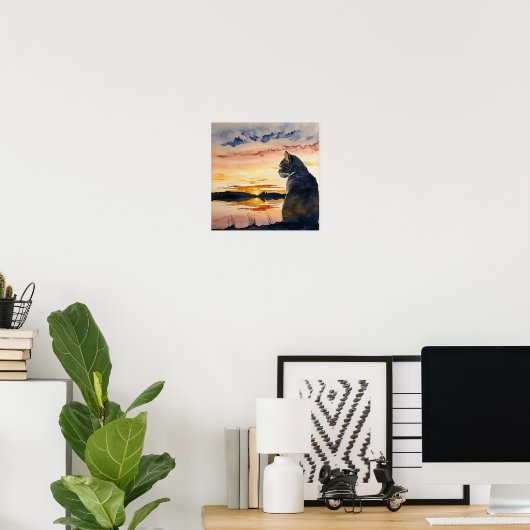 Kat die de zonsondergang van de Waterverf volgt Poster (Thuiskantoor)