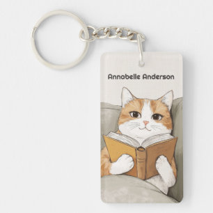 Kat die een boek leest, personaliseert sleutelhanger