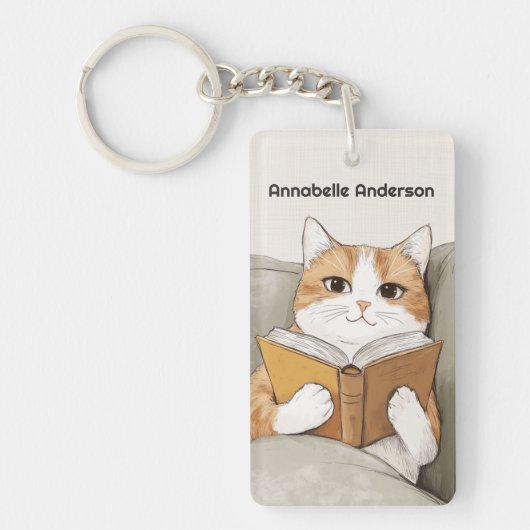 Kat die een boek leest, personaliseert sleutelhanger (Voorkant)