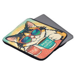 Kat die een oversized zonnebril draagt, een koffie laptop sleeve