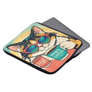 Kat die een oversized zonnebril draagt, een koffie laptop sleeve