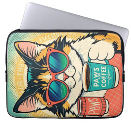Kat die een oversized zonnebril draagt, een koffie laptop sleeve
