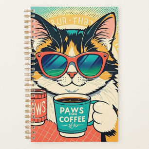 Kat die een oversized zonnebril draagt, een koffie planner