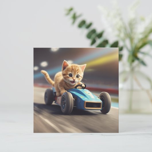 Kat die een raceauto bestuurt kaart (Staand voorkant)