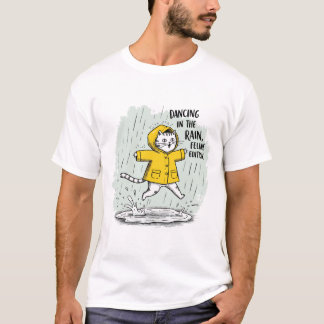 Kat die een regenjas draagt, springt in plassen t-shirt