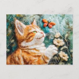 Kat die een vlinder probeert te vangen in een weid briefkaart