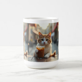Kat die koffie drinkt op een straat koffiemok
