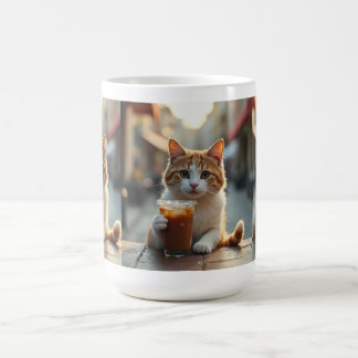 Kat die koffie drinkt op een straat koffiemok