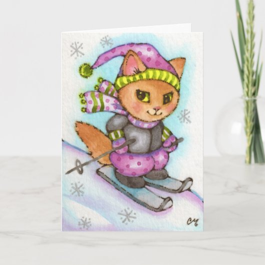 Kat die - Leuke de winterkat ski?en Feestdagen Kaart (Voorkant)