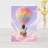 Kat die met een ballon vliegt kaart (Gele Bloem)