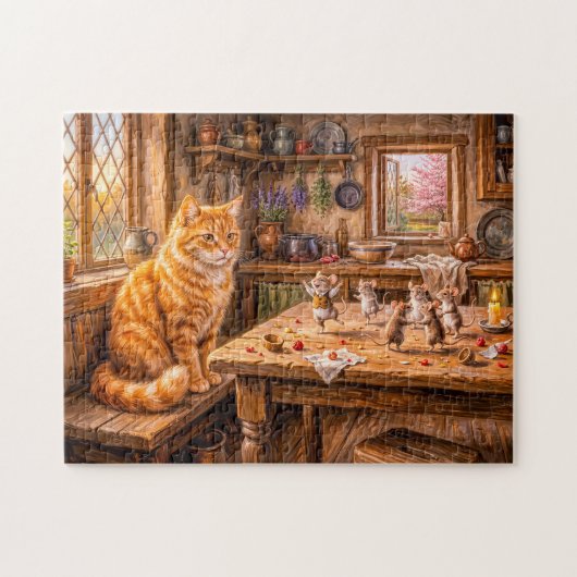 Kat die muizen ziet dansen in de keuken legpuzzel (Horizontaal)