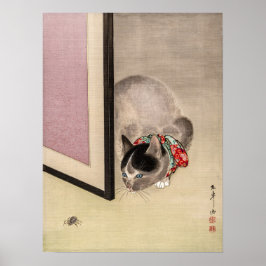 kat die naar een spin kijkt Japanse kunst Poster