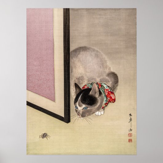  kat die naar een spin kijkt Japanse kunst Poster (Voorkant)