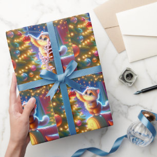 Kat die op bank staat om kerstboom te versieren cadeaupapier