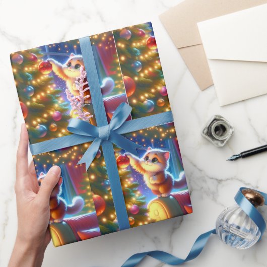 Kat die op bank staat om kerstboom te versieren cadeaupapier (Geschenken)