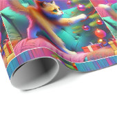 Kat die op bank staat om kerstboom te versieren cadeaupapier (Rol Hoek)