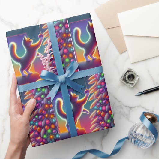 Kat die op bank staat om kerstboom te versieren cadeaupapier (Geschenken)