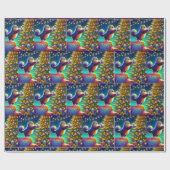 Kat die op bank staat om kerstboom te versieren cadeaupapier (Vlak)