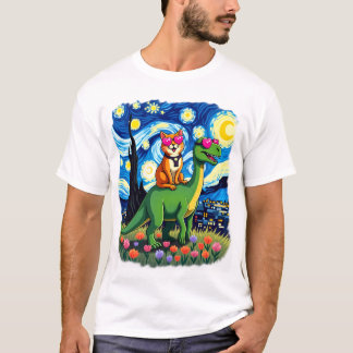 Kat die op dinosaurus rijdt T-Rex Starry Night Kat T-shirt