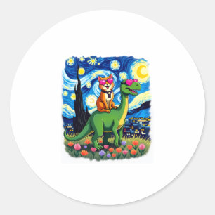 Kat die op dinosaurus T-Rex rijdt Sterrennacht Kat Ronde Sticker