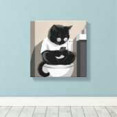 Kat die op een toilet zit canvas afdruk (Insitu (Houten vloer))