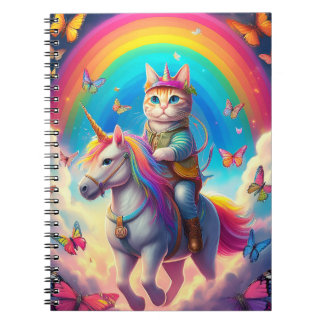 Kat die op eenhoorn rijdt met regenbogen en vlinde notitieboek