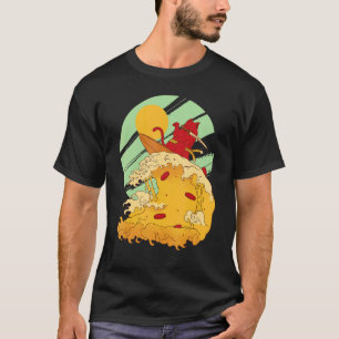 Kat die pizza surft in koele samoerai-stijl t-shirt
