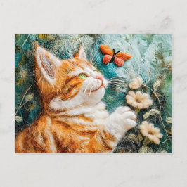 Kat die probeert een vlinder te vangen in een weid briefkaart