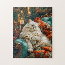 Kat die slaapt op een gezellige stoel bij kaarslic legpuzzel