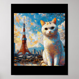 Kat die uitkijkt over de Tokio Tower met Mount Fuj Poster