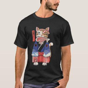 Kat die vis eet Vintage Japanse Ukiyo e Kunst T-shirt