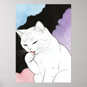 Kat die zijn poot schoonmaakt poster
