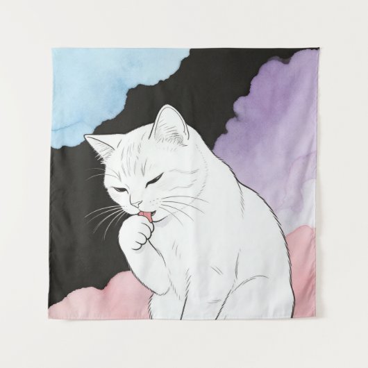 Kat die zijn poot schoonmaakt wandkleed (Voorkant)