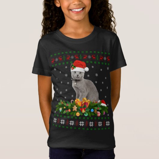 Kat Dierenvriend Santa Hat Oegaal Russisch blauw K T-shirt (Voorkant)