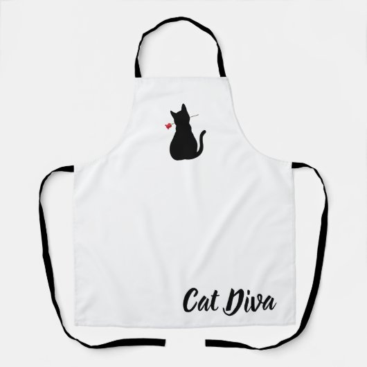 Kat Diva Zwart Silhouet Rood Rose Huisdier Plezier Schort (Voorkant)