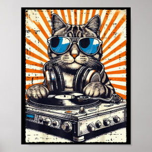 Kat Dj Hoofdtelefoon Draaitafel Vintage Muziek Edm Poster