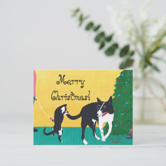 Kat Dog Spelen met de Briefkaarten van het kerstfe (Staand voorkant)