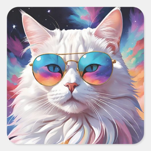 Kat draagt bril in de ruimte vierkante sticker (Voorkant)