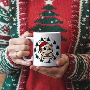 Kat draagt kerstboom met pet koffiemok