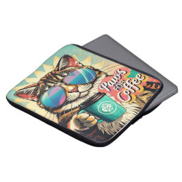 Kat draagt oversized zonnebril met koffie laptop sleeve