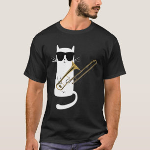 Kat draagt zonnebril spelen trombone t-shirt