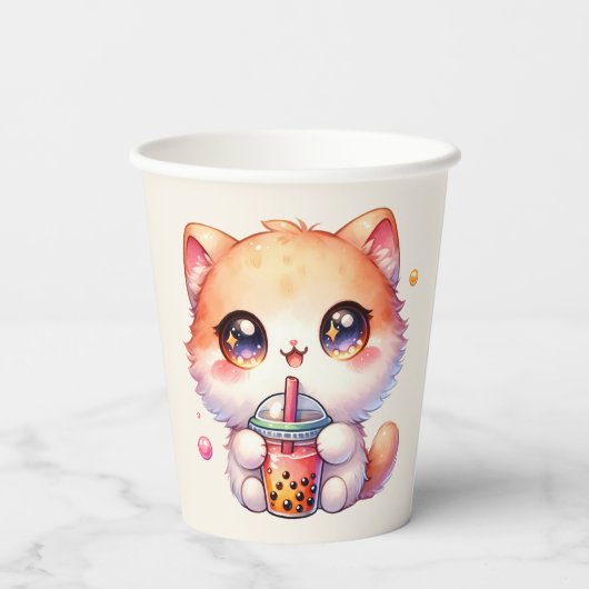Kat Drink Boba Schattige Bubble Tea Party Papieren Bekers (Achterkant)
