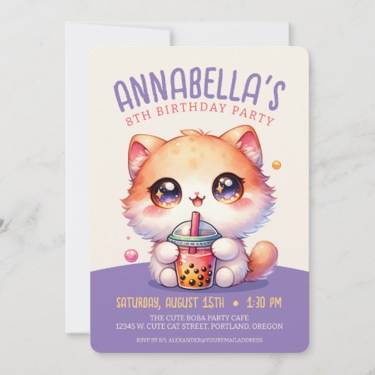 Kat Drink Boba Schattige Bubble Tea Verjaardagsfee Kaart (Voorkant)
