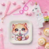 Kat Drink Boba Schattigee Bubble Tea Papieren Bordje (Feest)