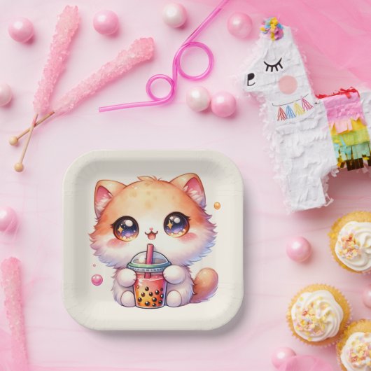 Kat Drink Boba Schattigee Bubble Tea Papieren Bordje (Feest)