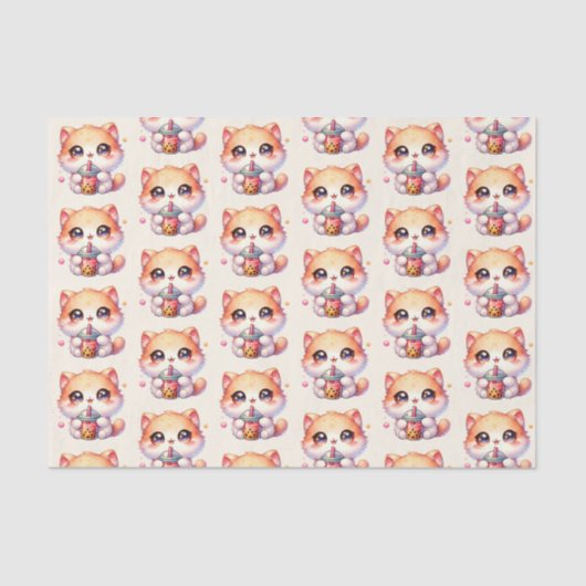 Kat Drink Boba Schattigee Bubble Tea Tissuepapier (Voorkant)